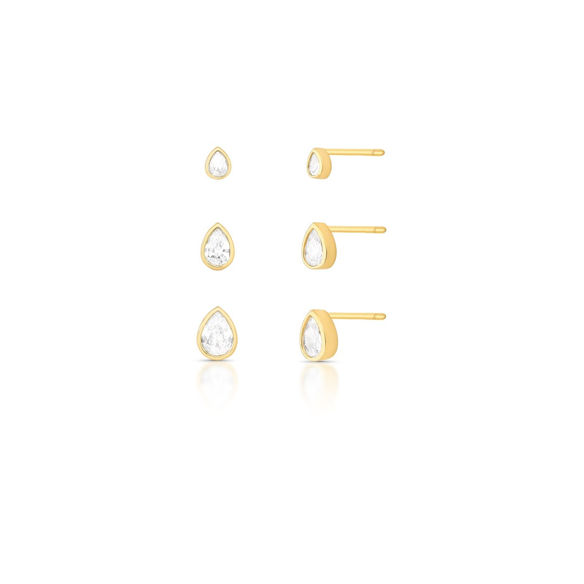 Kit 3 Brincos Gotas | metal com banho e cristais de vidro | Ene Ene