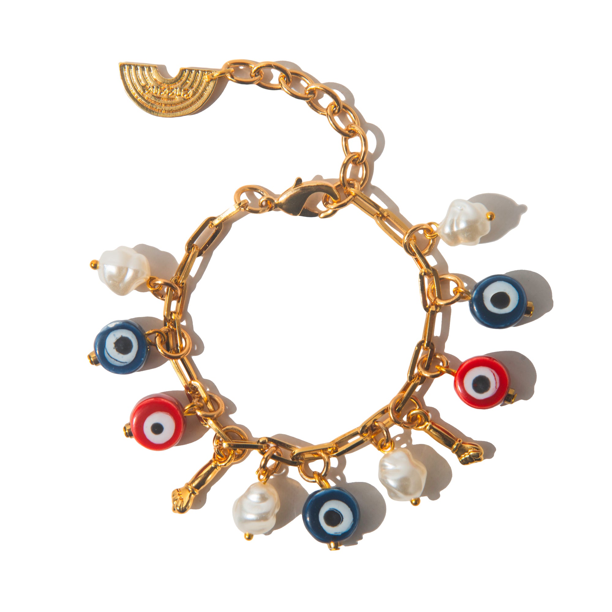 Pulseira Olho Grego Talismã | dourado | vidro, pérolas e corrente metálica | Ene Ene