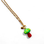 Colar Corrente Cogumelo Laranja E Verde | laranja e verde | resina premium, metal com banho, murano e corrente metálica |