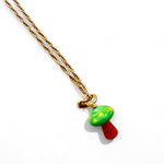 Colar Corrente Cogumelo Laranja E Verde | laranja e verde | resina premium, metal com banho, murano e corrente metálica |